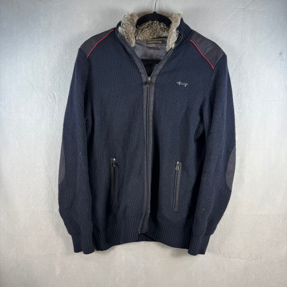 Louis Castel Navy Wool Full Zip Sweater Rabbit Fur Collar Mens 100 L 4LM SW 460